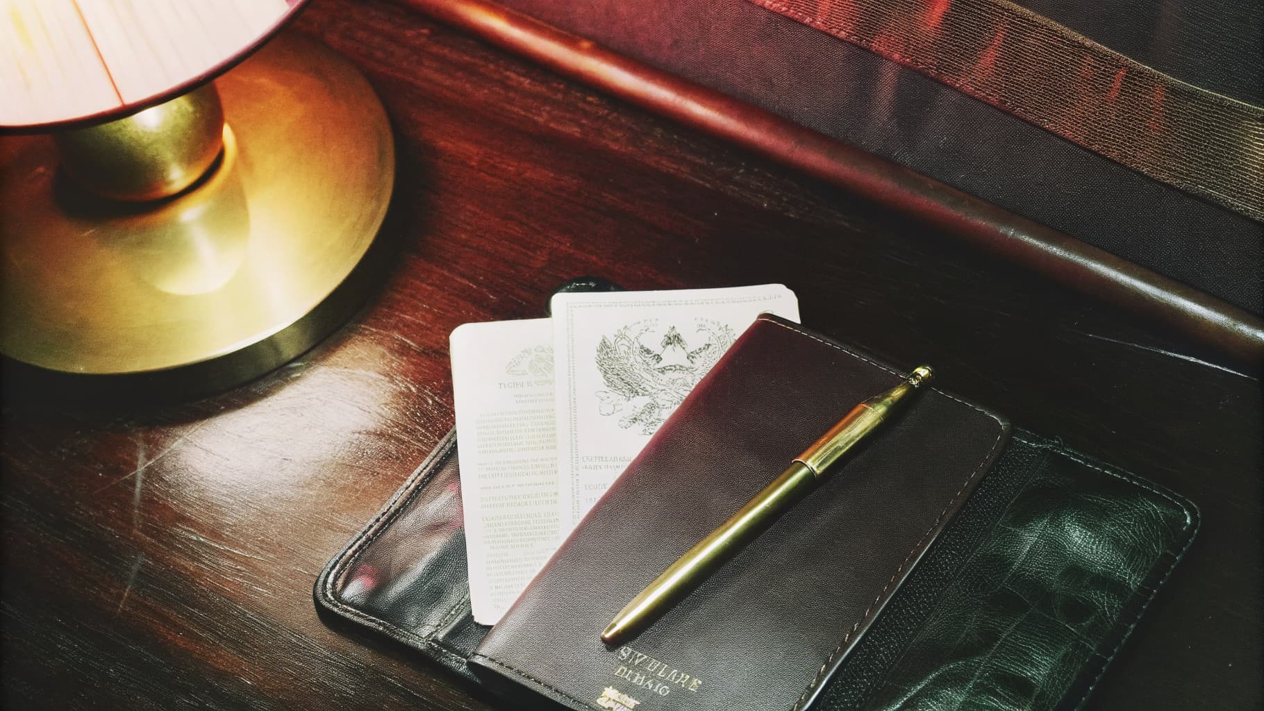 Passport and documents on a teak desk